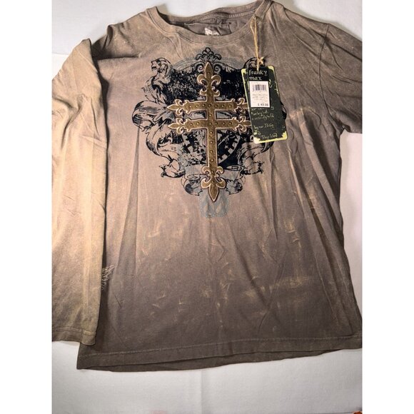 Franky Max XL Taupe Long Sleeve Distressed Cross all over Graphic Tee affliction - Picture 2 of 10